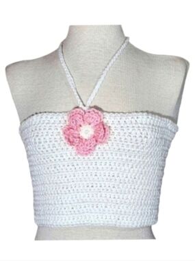 HANDCRAFTED Top Corsetted Cropped Crochet Floral White Sz S